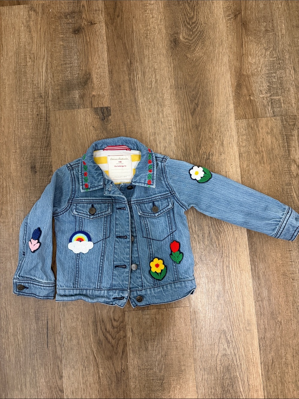 Kids Embroidered Light Wash Denim Jacket with Floral & Rainbow Patches